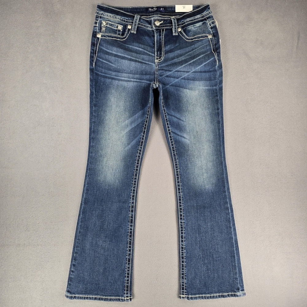 Miss Me Jeans Womens 31x32 Blue Mid Rise Bootcut Embroidered Pockets Denim NWT - Picture 2 of 13